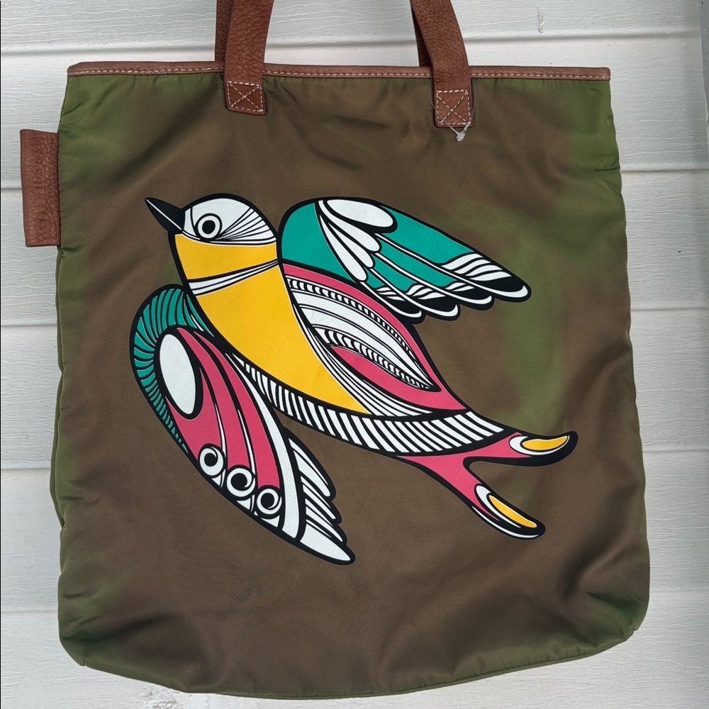 COCCINELLE BRAND MADE IN ITALY OLIVE GREEN AND BROWN SATIN LIKE CANVAS TOTE BAG - Picture 2 of 12